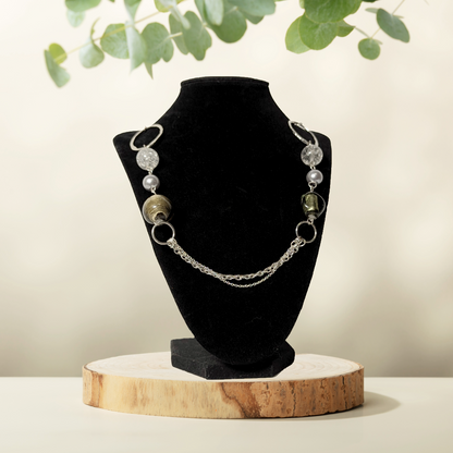 Vintage Components Assemblage Necklace - 31" Long - Upcycled Glass Bead & Silver-Tone Chains