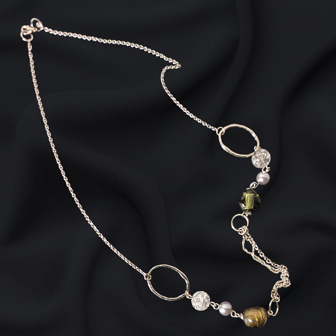 Vintage Components Assemblage Necklace - 31" Long - Upcycled Glass Bead & Silver-Tone Chains