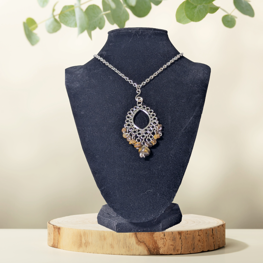 Upcycled Vintage Silver-Tone Filigree Pendant Necklace with Tumbled Tiger's Eye Stones
