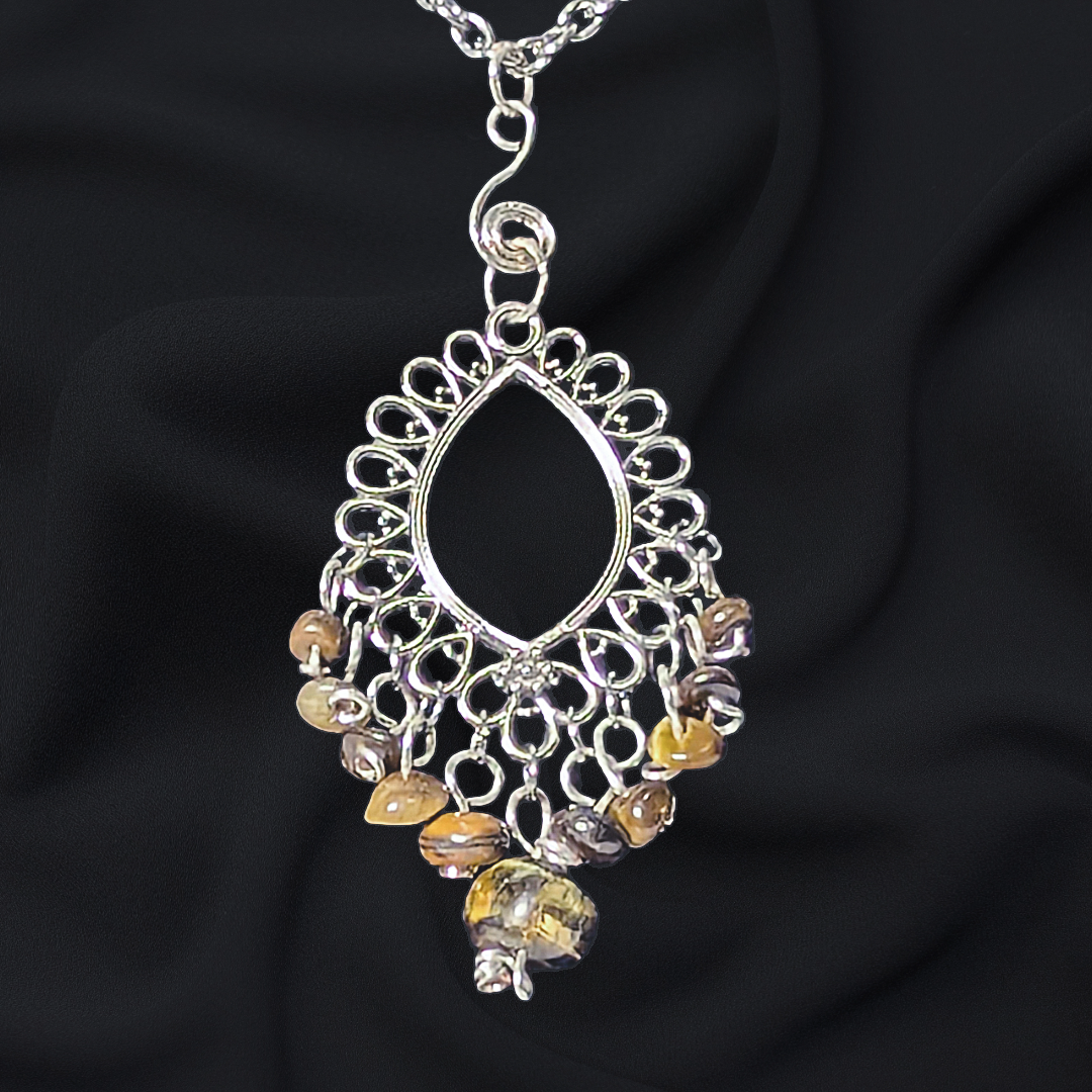 Upcycled Vintage Silver-Tone Filigree Pendant Necklace with Tumbled Tiger's Eye Stones