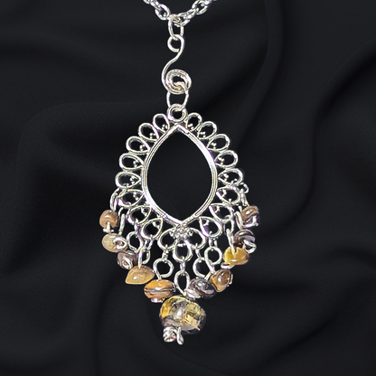 Upcycled Vintage Silver-Tone Filigree Pendant Necklace with Tumbled Tiger's Eye Stones