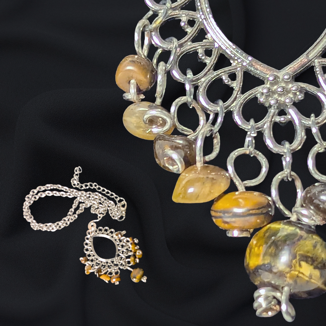 Upcycled Vintage Silver-Tone Filigree Pendant Necklace with Tumbled Tiger's Eye Stones