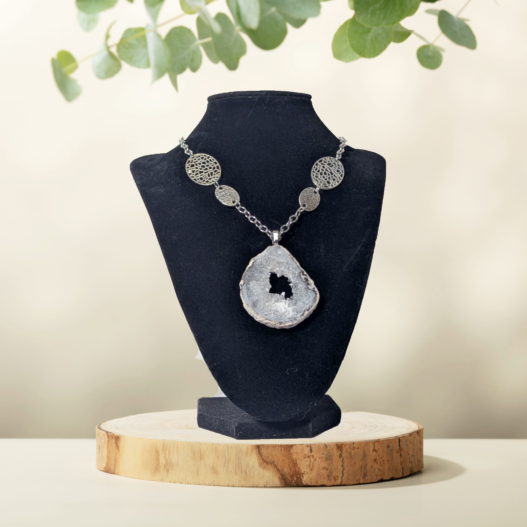 Upcycled Geode Slice Statement Necklace - Vintage Silver-Tone Chain & Filigree Accents