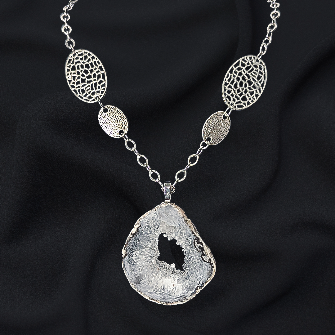 Upcycled Geode Slice Statement Necklace - Vintage Silver-Tone Chain & Filigree Accents