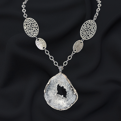 Upcycled Geode Slice Statement Necklace - Vintage Silver-Tone Chain & Filigree Accents
