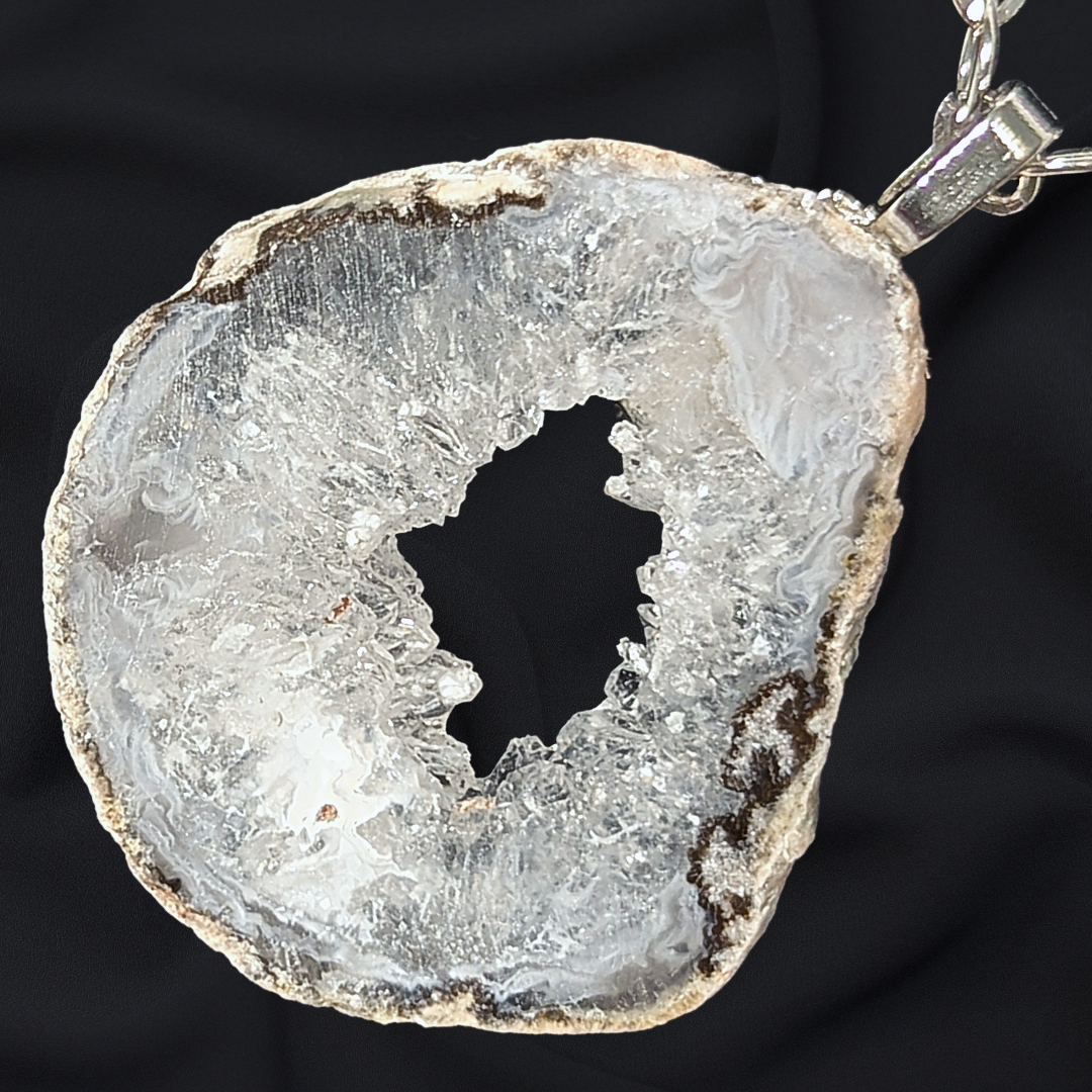 Upcycled Geode Slice Statement Necklace - Vintage Silver-Tone Chain & Filigree Accents