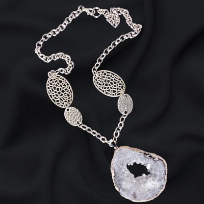 Upcycled Geode Slice Statement Necklace - Vintage Silver-Tone Chain & Filigree Accents