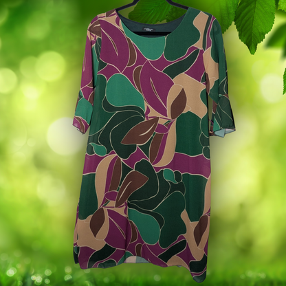 Pitterello Made in Italy Abstract Leaf Print Shift Dress S 3/4 Sleeve