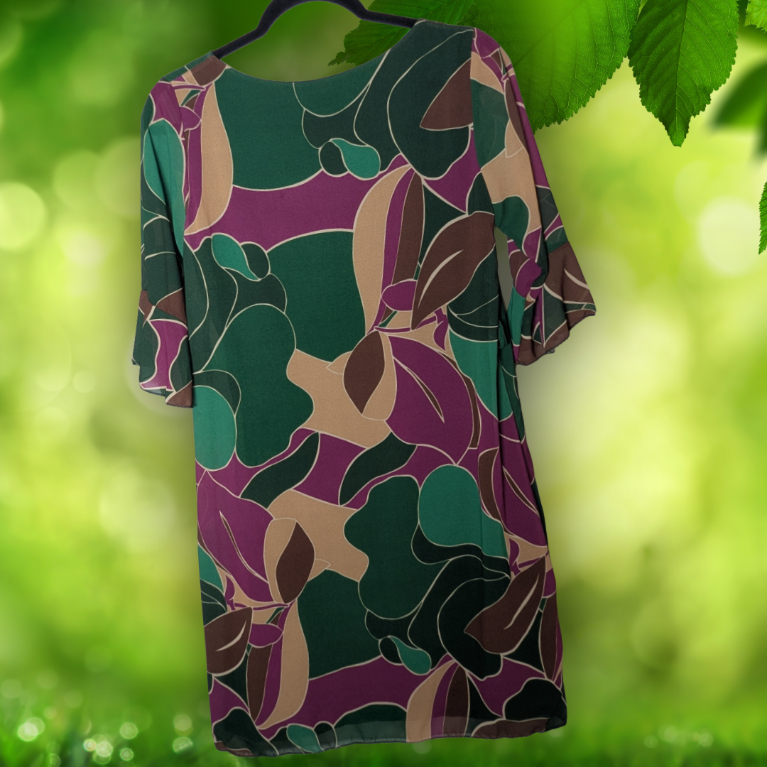 Pitterello Made in Italy Abstract Leaf Print Shift Dress S 3/4 Sleeve