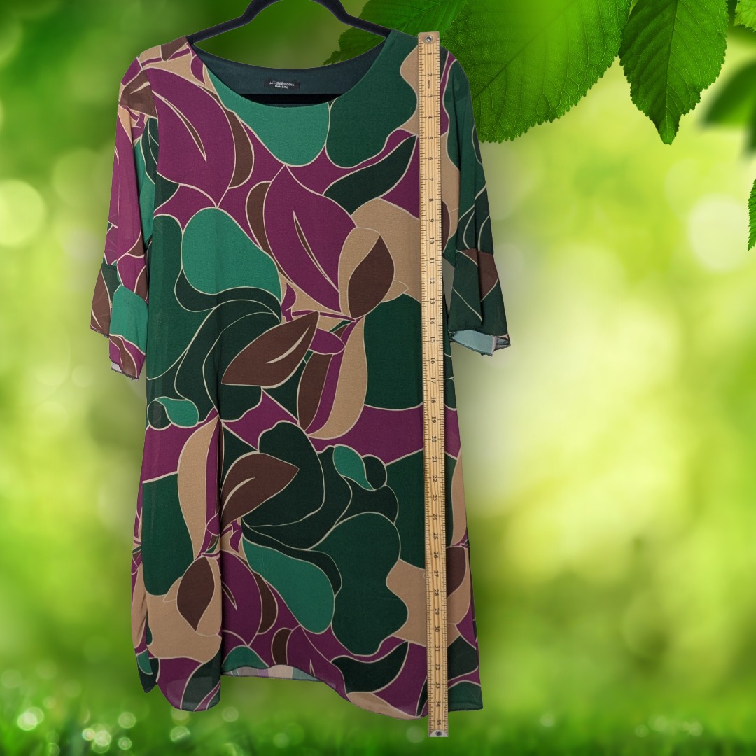 Pitterello Made in Italy Abstract Leaf Print Shift Dress S 3/4 Sleeve