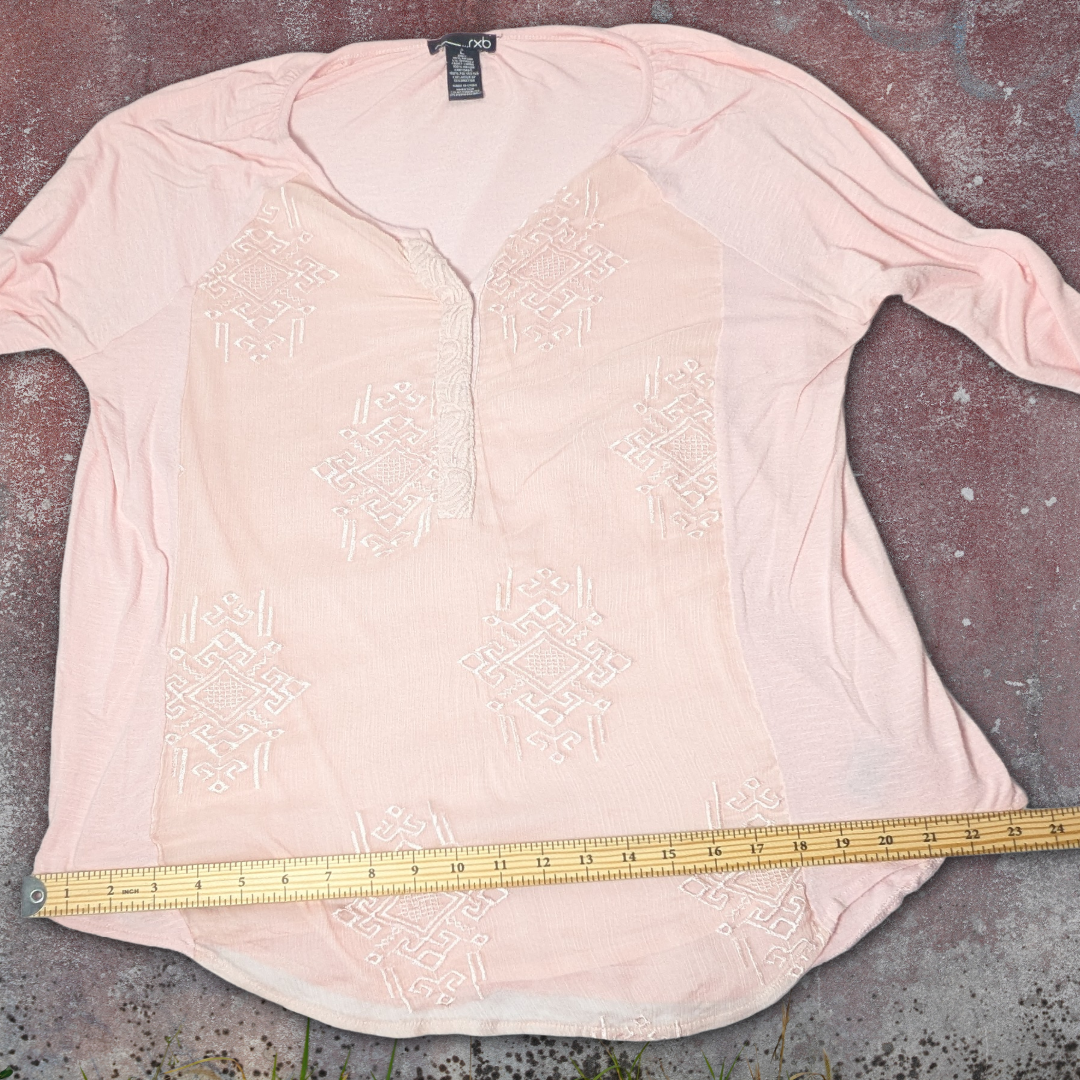 RXB Pink Bliss Rayon Blend Embroidered Top V-Neck Short Sleeve Shirt