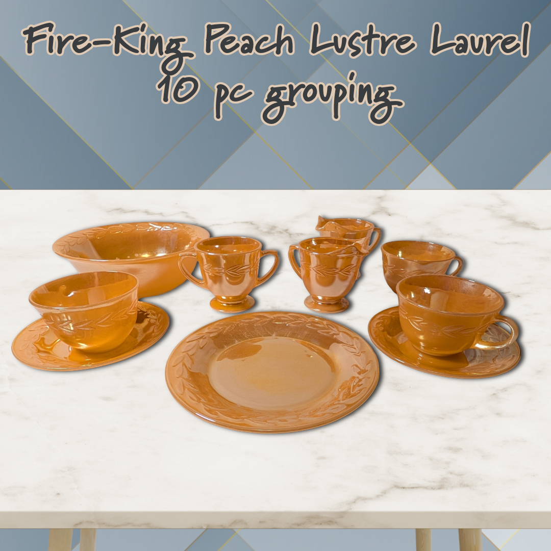 Vintage Fire King Peach Lustre Laurel Dishware Grouping of 10 Pieces