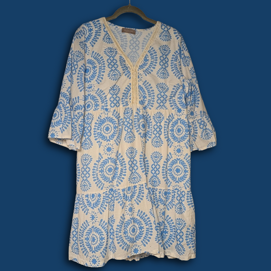 Saiph Lab sz L white dress w/blue lagenlook styling, feat. cotton skirt lining
