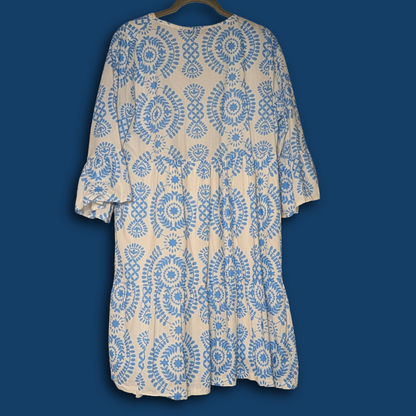 Saiph Lab sz L white dress w/blue lagenlook styling, feat. cotton skirt lining
