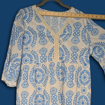 Saiph Lab sz L white dress w/blue lagenlook styling, feat. cotton skirt lining