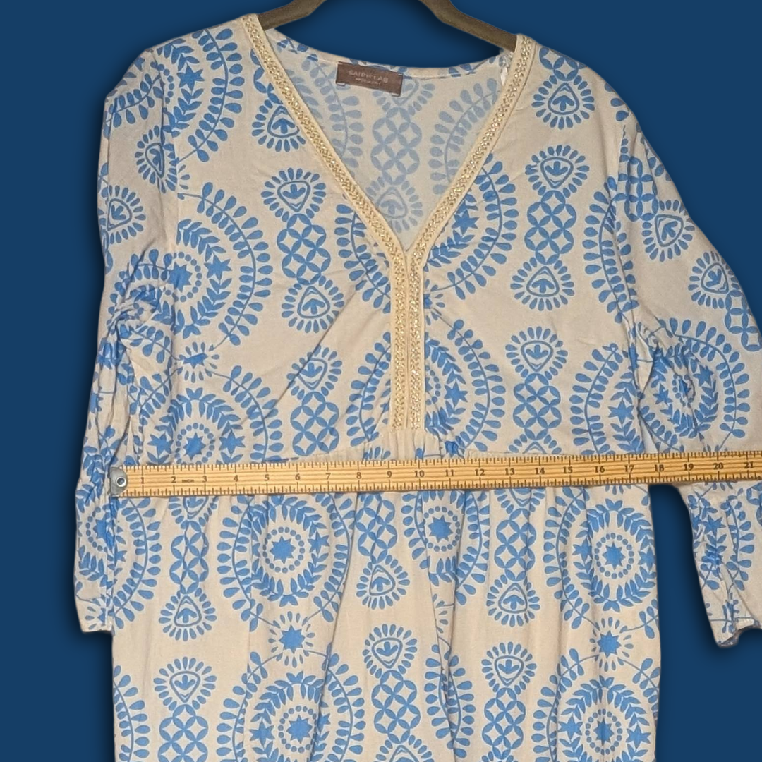 Saiph Lab sz L white dress w/blue lagenlook styling, feat. cotton skirt lining