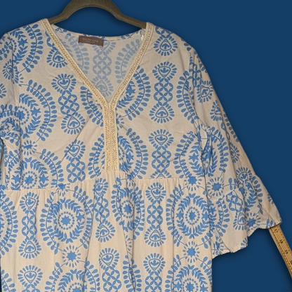 Saiph Lab sz L white dress w/blue lagenlook styling, feat. cotton skirt lining