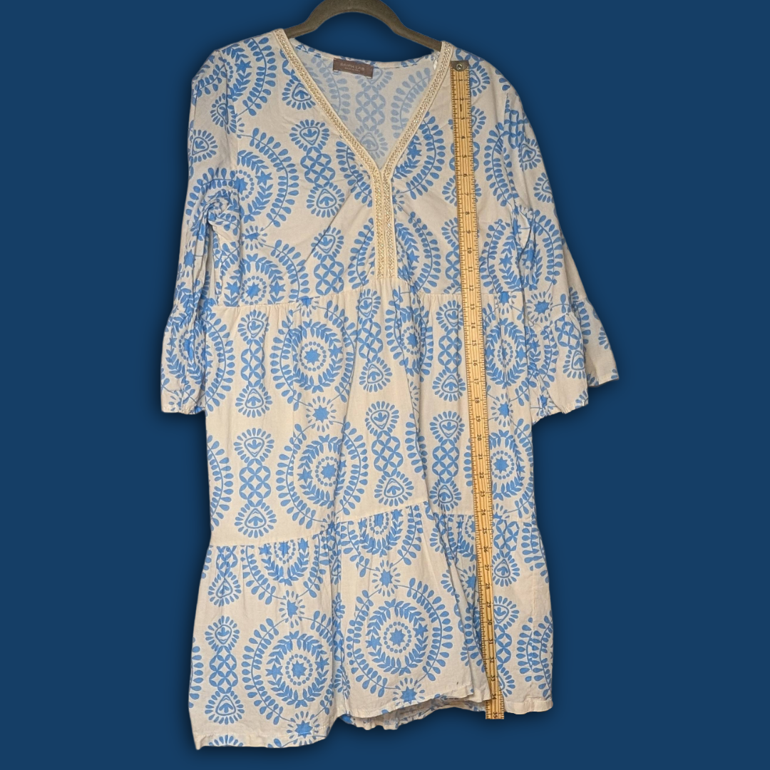 Saiph Lab sz L white dress w/blue lagenlook styling, feat. cotton skirt lining