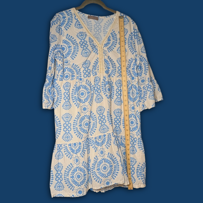 Saiph Lab sz L white dress w/blue lagenlook styling, feat. cotton skirt lining