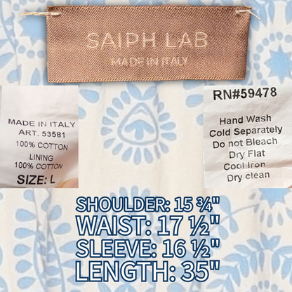 Saiph Lab sz L white dress w/blue lagenlook styling, feat. cotton skirt lining