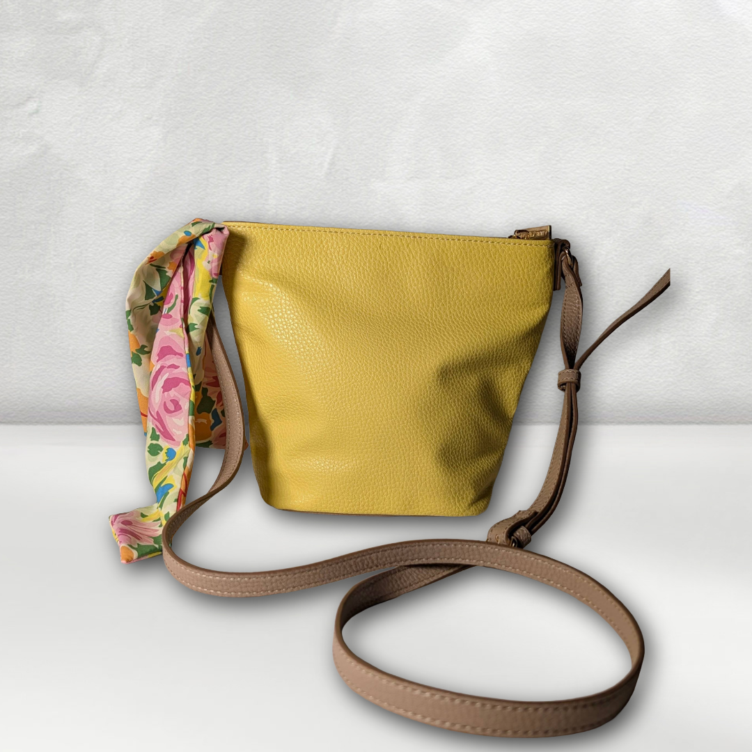 ANNE KLEIN Yellow & White Colorblock Bucket Crossbody Bag w/ Floral Scarf