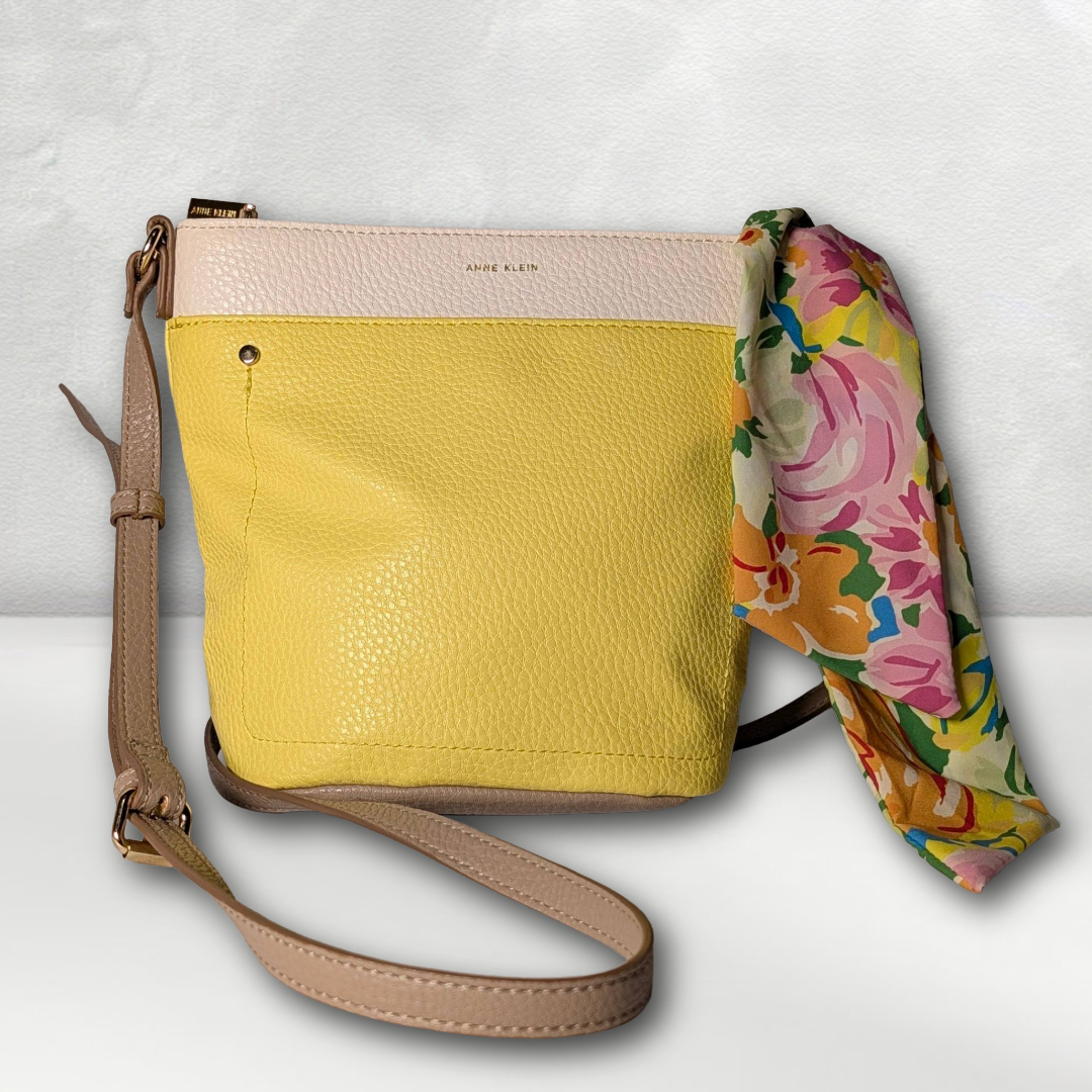 ANNE KLEIN Yellow & White Colorblock Bucket Crossbody Bag w/ Floral Scarf