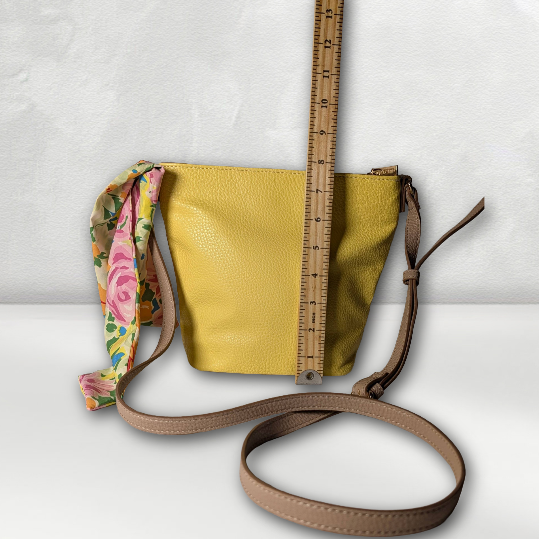 ANNE KLEIN Yellow & White Colorblock Bucket Crossbody Bag w/ Floral Scarf