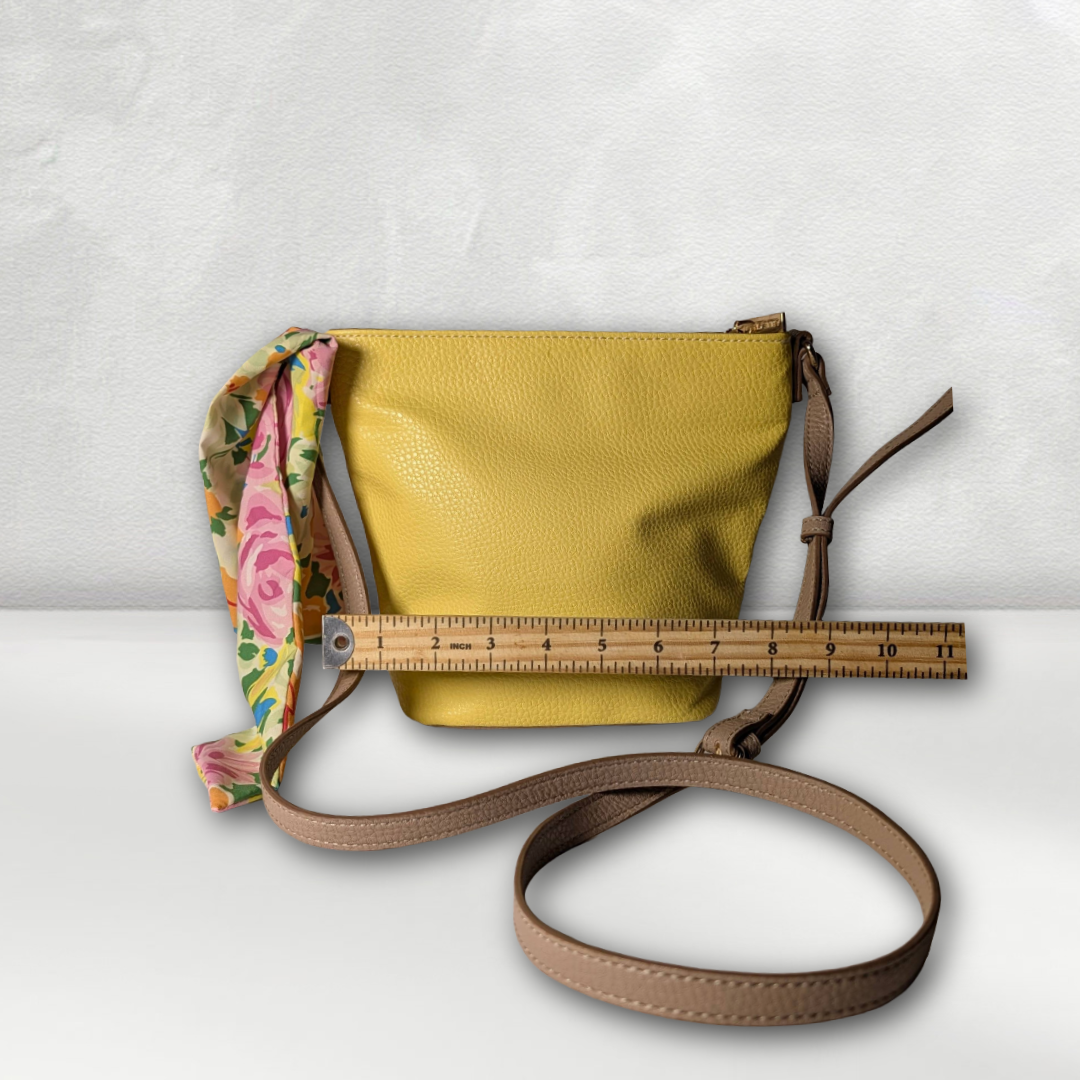 ANNE KLEIN Yellow & White Colorblock Bucket Crossbody Bag w/ Floral Scarf