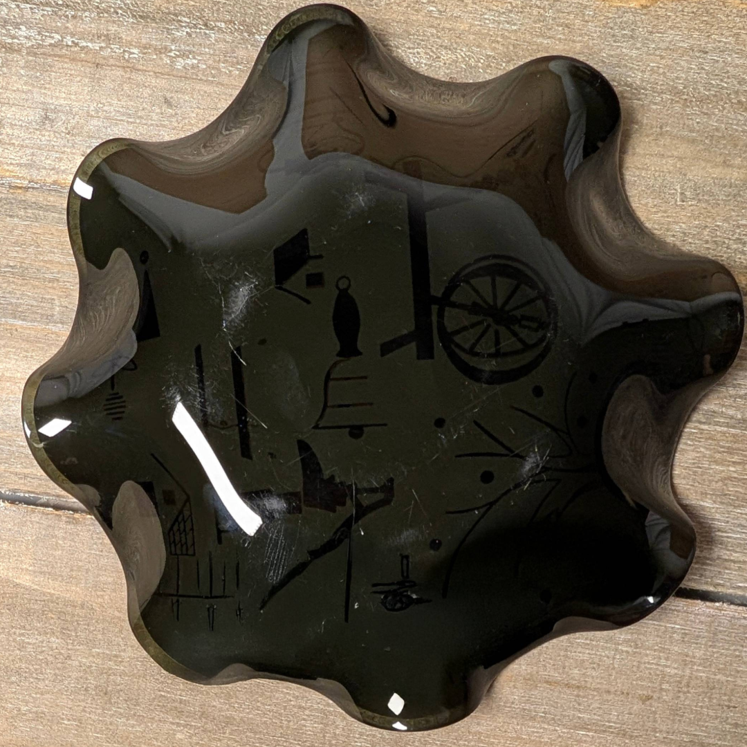 Vintage MCM Black & Gold Ruffled Edge Glass Dish w/ Farmhouse Icon Design