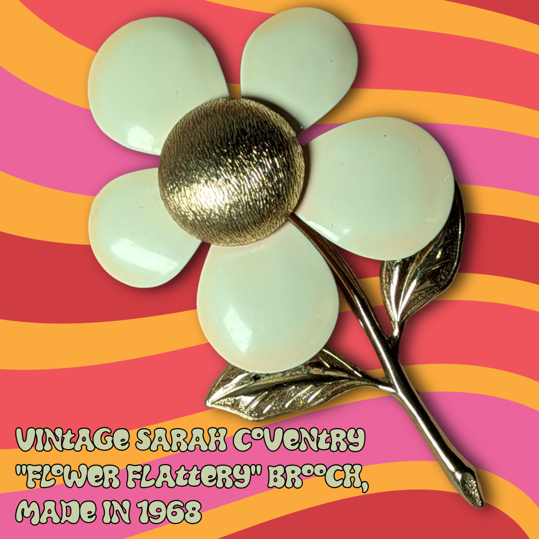 Vintage 1968 Sarah Coventry "Flower Flattery" Brooch, White Enamel & Gold Tone