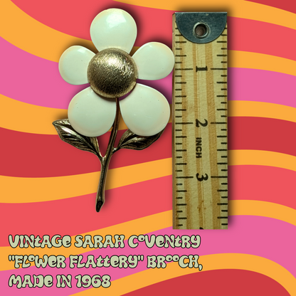 Vintage 1968 Sarah Coventry "Flower Flattery" Brooch, White Enamel & Gold Tone