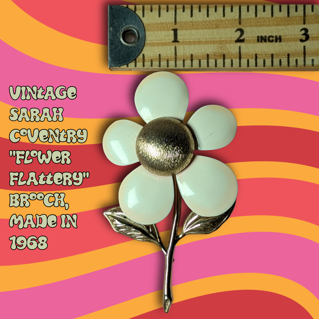 Vintage 1968 Sarah Coventry "Flower Flattery" Brooch, White Enamel & Gold Tone