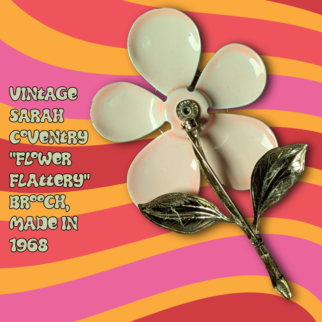 Vintage 1968 Sarah Coventry "Flower Flattery" Brooch, White Enamel & Gold Tone