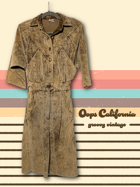 Vintage 80s Oops California size 5/6 Acid Wash Cotton Blend Corduroy Shirtdress