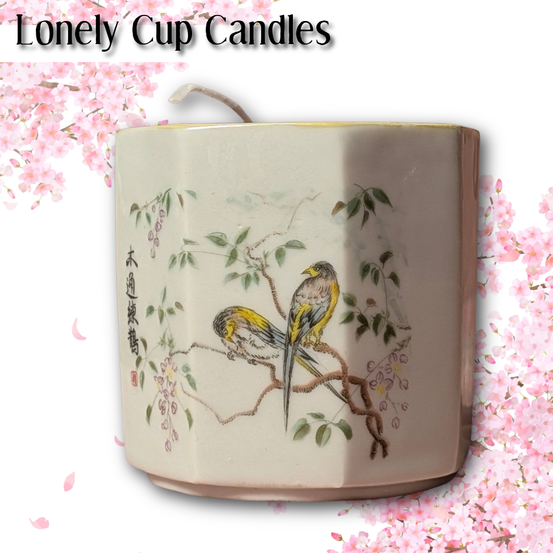 Yunomi Style Japanese Teacup, Bird & Branch Design w/ Added Cherry Blossom and Yuzu Candle
