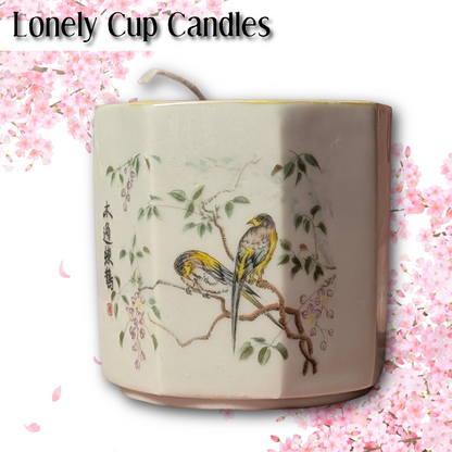 Yunomi Style Japanese Teacup, Bird & Branch Design w/ Added Cherry Blossom and Yuzu Candle