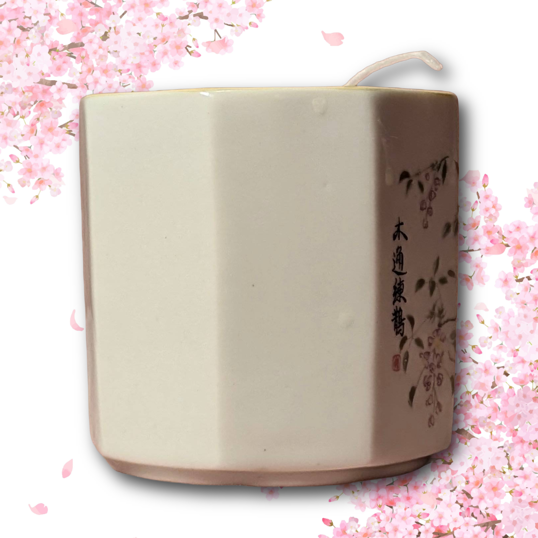 Yunomi Style Japanese Teacup, Bird & Branch Design w/ Added Cherry Blossom and Yuzu Candle