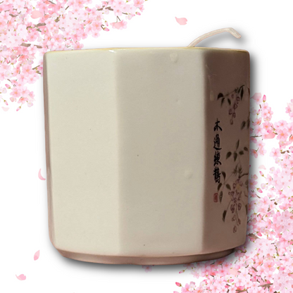 Yunomi Style Japanese Teacup, Bird & Branch Design w/ Added Cherry Blossom and Yuzu Candle