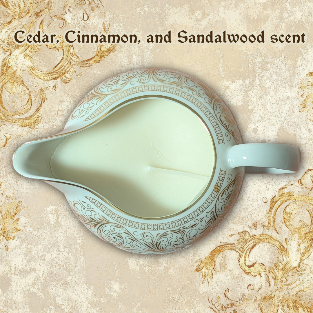 Harmony House Renaissance Pattern (3690) 1950s Fine China Creamer with cedar/cinnamon/sandalwood candle