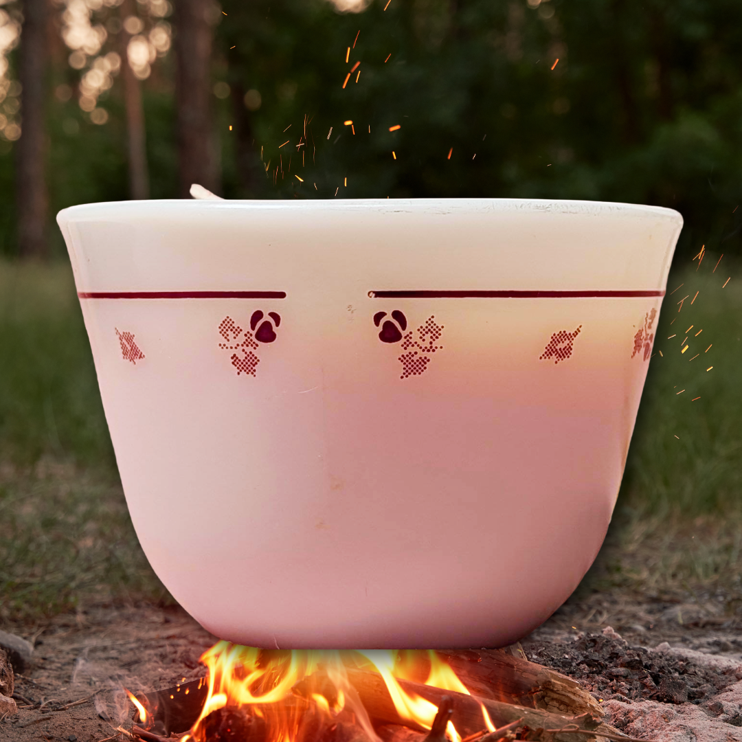 Corning Burgundy Rose 1972 Milk Glass Teacup with "Campfire" Scented Candle