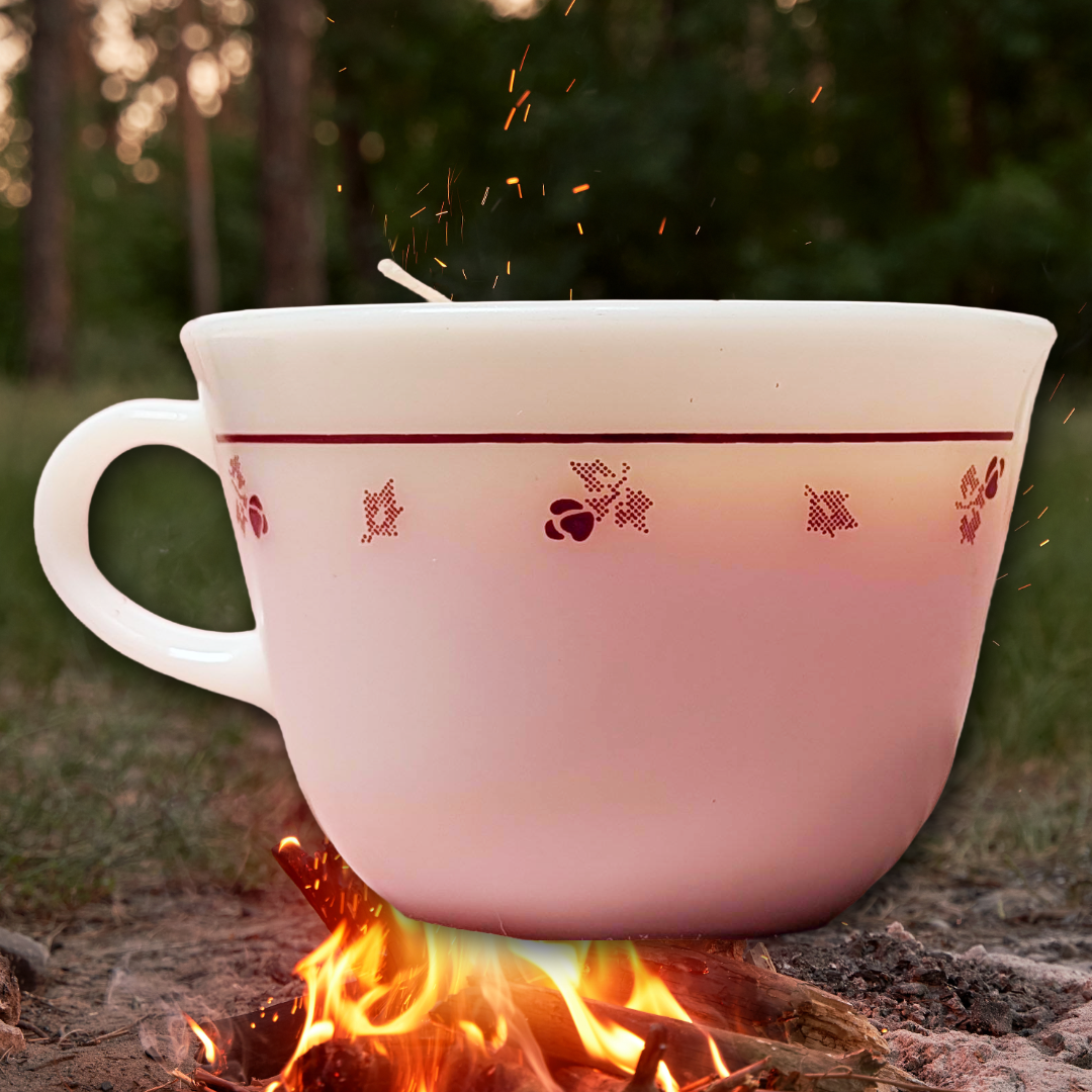 Corning Burgundy Rose 1972 Milk Glass Teacup with "Campfire" Scented Candle