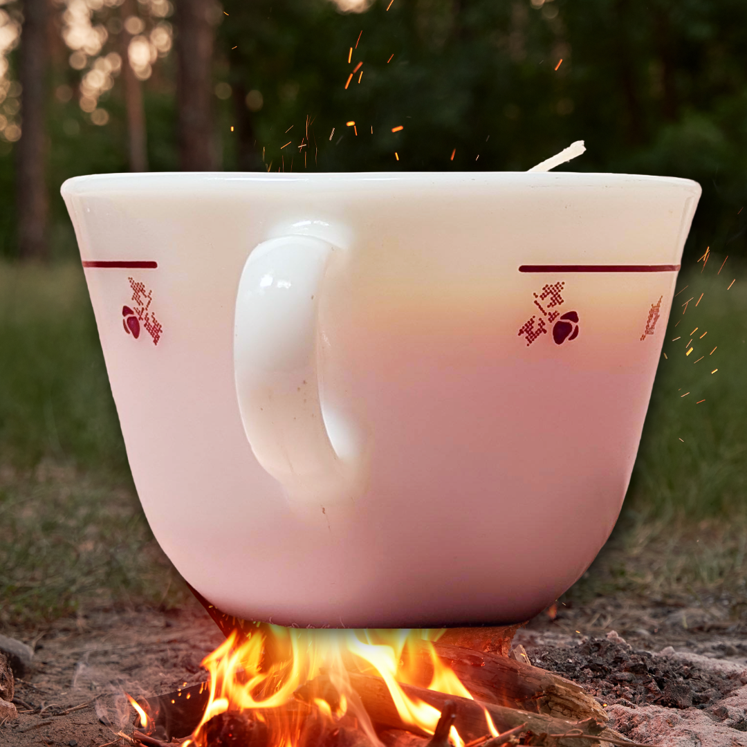 Corning Burgundy Rose 1972 Milk Glass Teacup with "Campfire" Scented Candle
