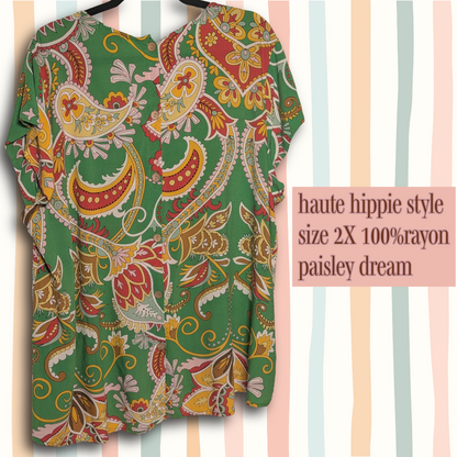 Haute Hippie Style sz 2X Paisley Top - Vibrant Green Boho Blouse