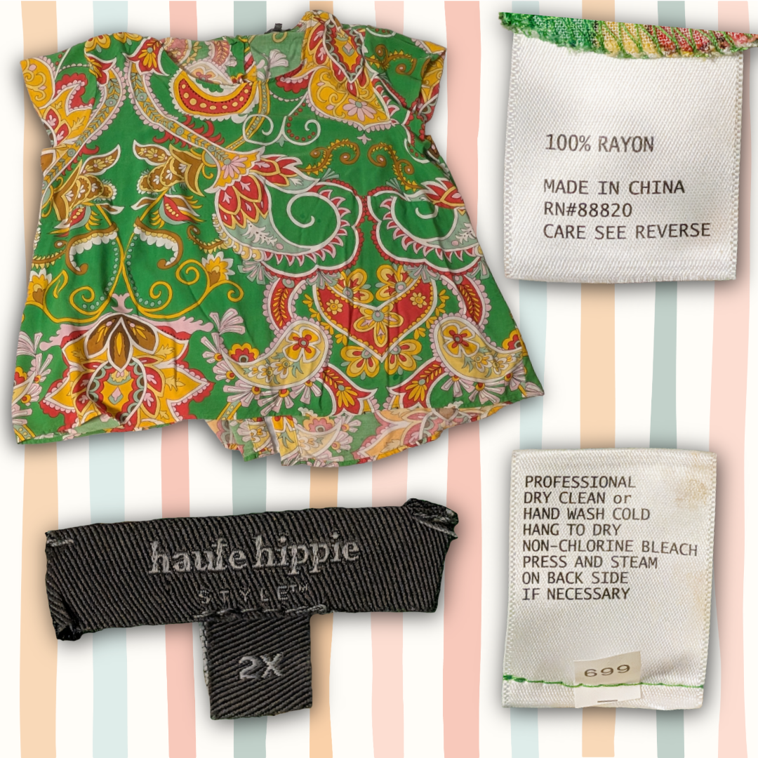 Haute Hippie Style sz 2X Paisley Top - Vibrant Green Boho Blouse