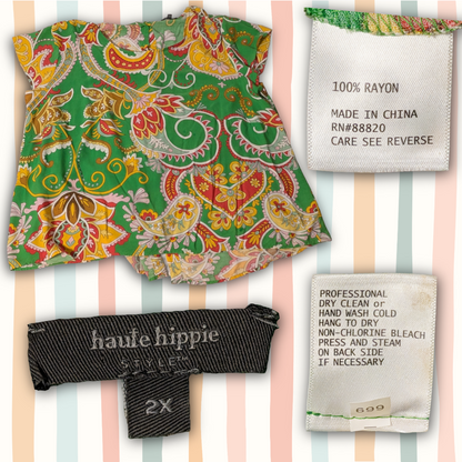 Haute Hippie Style sz 2X Paisley Top - Vibrant Green Boho Blouse