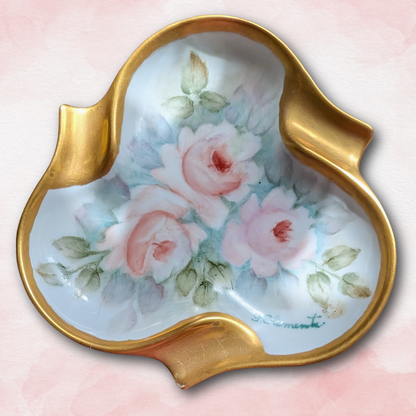 Bavarian/Prussian style early 20th c. hand-painted porcelain trinket dish, signed by artist
