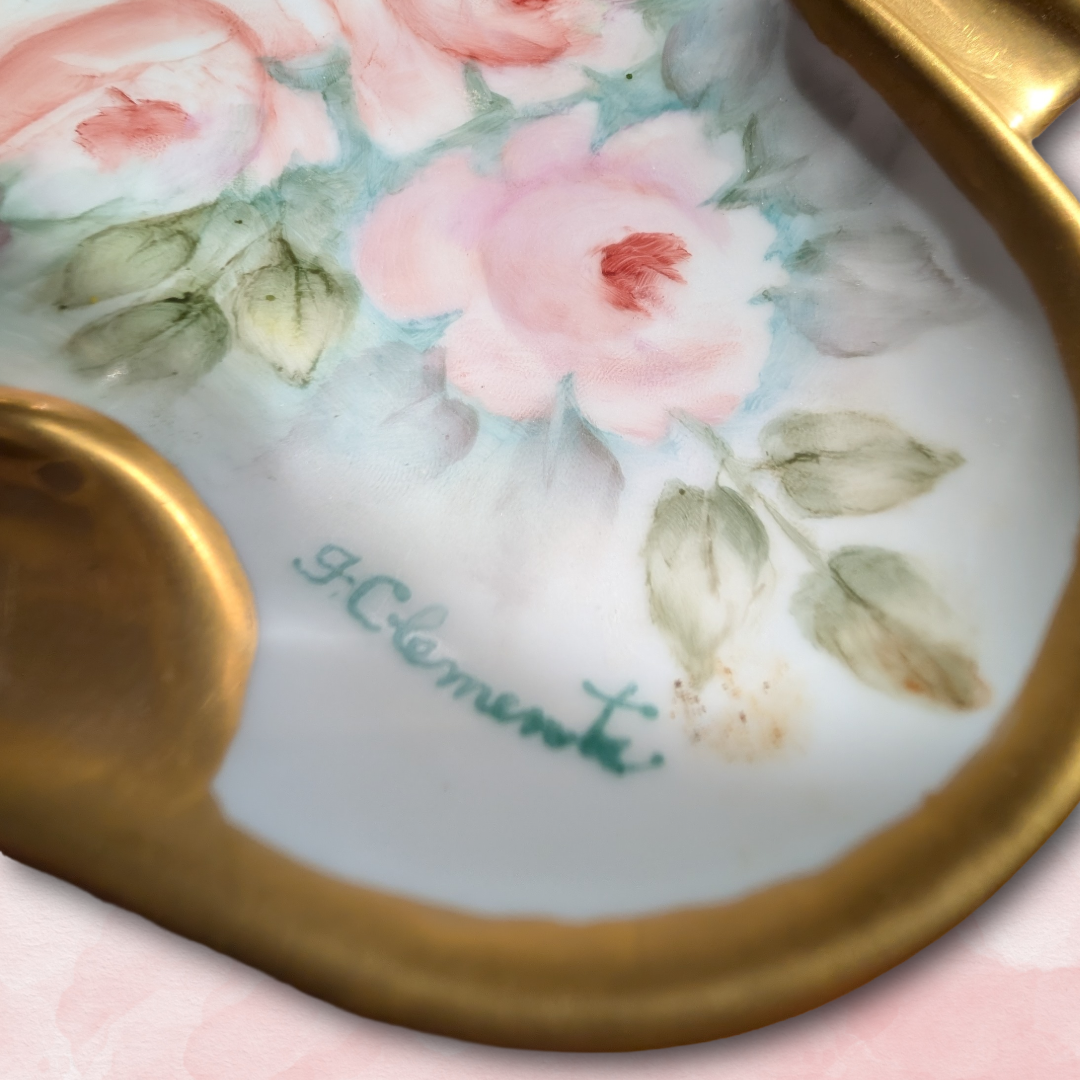 Bavarian/Prussian style early 20th c. hand-painted porcelain trinket dish, signed by artist