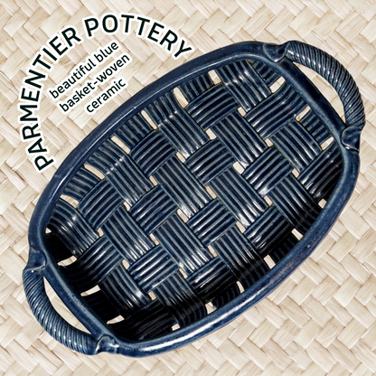 Jim & Shirl Parmentier Pottery Set of 2 Woven Basket & Tray Blue Stoneware NC
