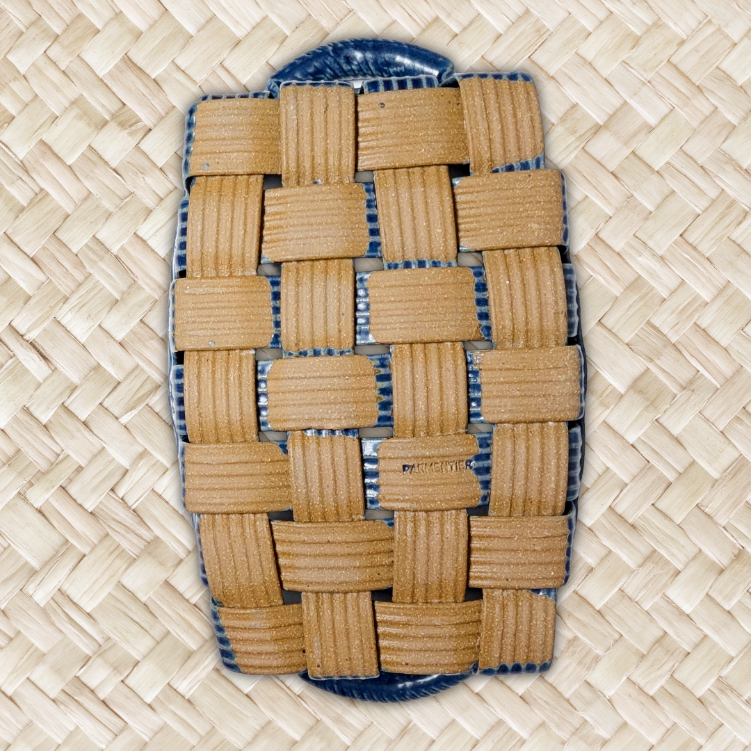 Jim & Shirl Parmentier Pottery Set of 2 Woven Basket & Tray Blue Stoneware NC