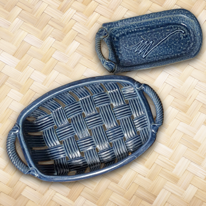 Jim & Shirl Parmentier Pottery Set of 2 Woven Basket & Tray Blue Stoneware NC